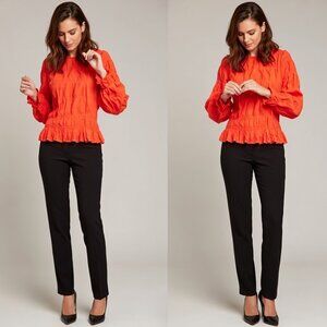 Bright Orange Smocked Ruffle Blouse Fitted Peplum Top  3/4 Sleeve